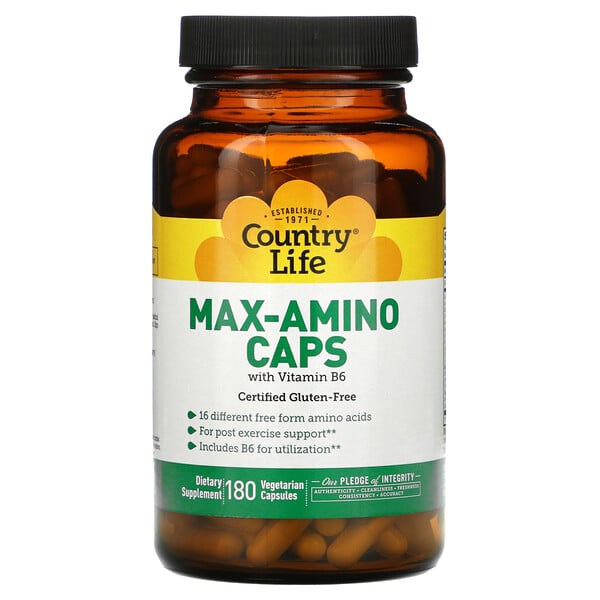 Country Life, Max-Amino Caps, с витамином B-6, 180 вегетарианских капсул