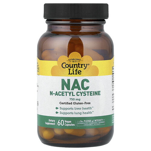 Country Life, NAC, N-Acetyl Cysteine, N-Acetylcystein, 750 mg, 60 vegane Kapseln