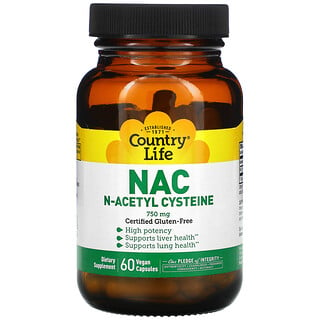 Country Life, NAC, N-ацетилцистеин, 750 мг, 60 вегетарианских капсул