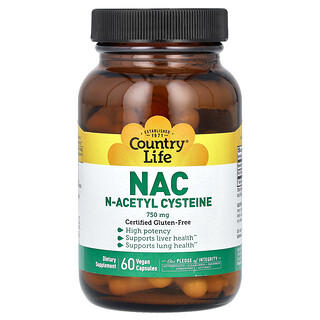 Country Life, NAC, N-acetilcisteína, 750 mg, 60 cápsulas veganas