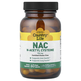 Country Life, NAC, N-ацетилцистеин, 750 мг, 60 веганских капсул