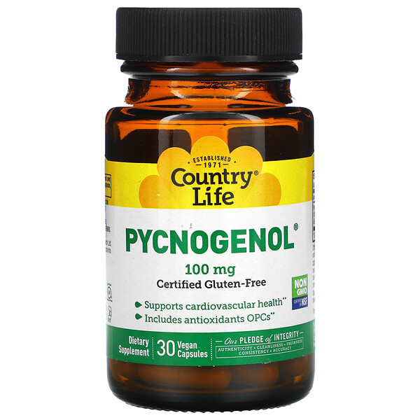 Country Life, Pycnogenol（ピクノジェノール）、100mg、ビーガンカプセル30粒