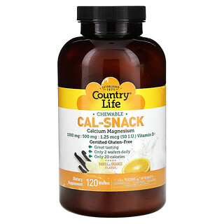 Country Life, Cal-Snack, Calcio y magnesio masticables, Vainilla y naranja, 120 obleas