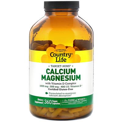 Country Life Calcium Magnesium with Vitamin D Complex, Gluten Free, 360 Vegan Capsules