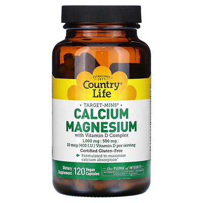 

Country Life, Target-Mins Calcium Magnesium with Vitamin D Complex, 120 Vegan Capsules