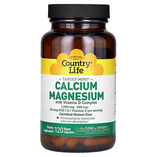 Country Life, Target-Mins, Calcio y magnesio con complejo de vitamina D, 120 cápsulas veganas