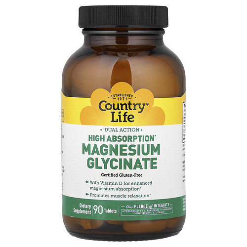 Country Life, Doble acción, Glicinato de magnesio, Alta absorción, 90 comprimidos