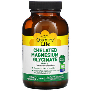 Country Life, Chelated Magnesium Glycinate, chelatiertes Magnesiumglycinat, 133 mg, 90 Tabletten