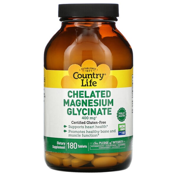 Country Life, Chelated Magnesium Glycinate, chelatiertes Magnesiumglycinat, 400 mg, 180 Tabletten