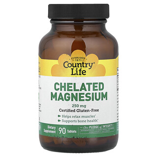 Country Life, Magnésium chélaté, 250 mg, 90 comprimés