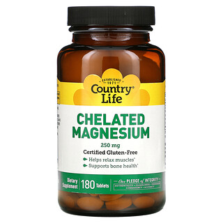 Country Life, Magnésium chélaté, 250 mg, 180 comprimés