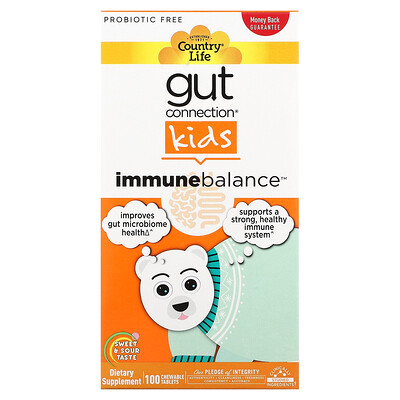 

Country Life Gut Connection, Immune Balance, для детей, средство для укрепления иммунитета, кисло-сладкий вкус, 100 жевательных таблеток