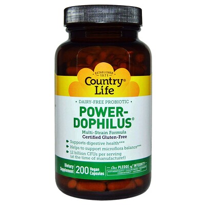 Country Life, не содержит глютена, пробиотик Power-Dophilus, 200 веганских капсул