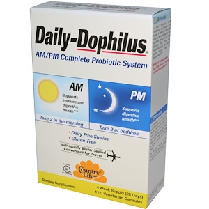Country Life, Daily-Dophilus, полная система пробиотиков для приёма утром/вечером, 112 капсул в растительной оболочке