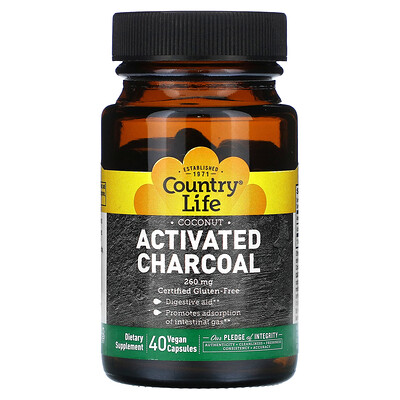 

Country Life, Coconut Activated Charcoal, 260 mg, 40 Vegan Capsules