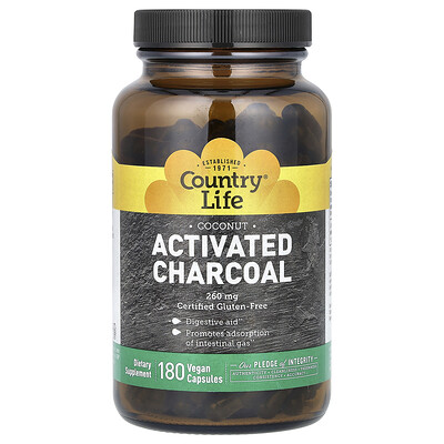 Country Life, Carbón vegetal activado, Coco, 180 cápsulas veganas (260 mg por cápsula)