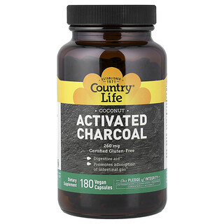 Country Life, Carbón vegetal activado, Coco, 180 cápsulas veganas (260 mg por cápsula)