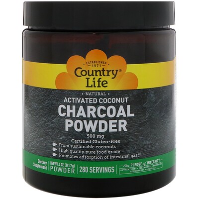 Country Life Natural Activated Coconut Charcoal Powder, 500 mg, 5 oz (141.7 g)