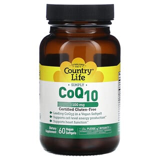 Country Life, Simply CoQ10, 100 mg, 60 vegane Weichkapseln