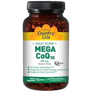 Country Life, Maxi-Sorb, Мега коэнзим Q10, 100 мг, 90 гелевых капсул