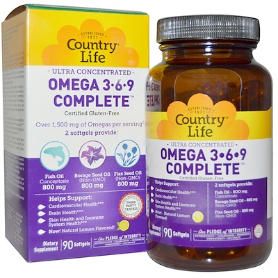 Country Life Ultra Concentrated Omega 3-6-9 Complete, Natural Lemon, 90 Softgels