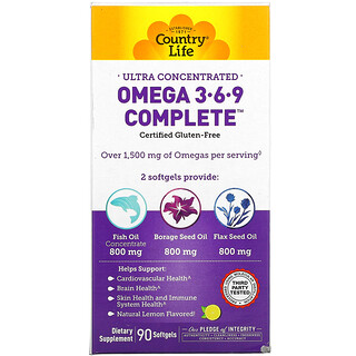 Country Life, Omega 3-6-9 Complete فائقة التركيز، بنكهة الليمون الطبيعي، 90 كبسولة هلامية
