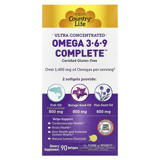 Country Life, Ultra Concentrated Omega 3-6-9 Complete, Natural Lemon, ultrakonzentrierte Omega-3, 6-, 9-Fettsäuren, natürlicher Zitronengeschmack, 90 Weichkapseln