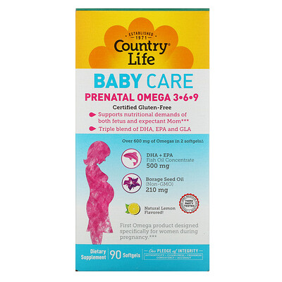 Country Life Baby Care, Prenatal Omega 3-6-9, Natural Lemon, 90 Softgels