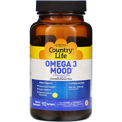 Country Life Omega 3 Mood, натуральный ароматизатор со вкусом лимона, 90 мягких желатиновых капсул