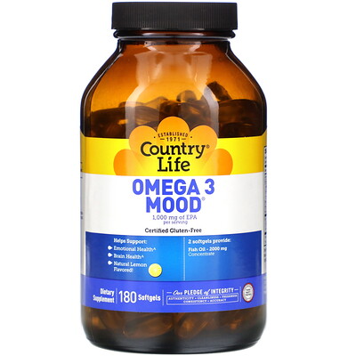 Country Life Omega 3 Mood, с натуральным вкусом лимона, 180 мягких желатиновых капсул