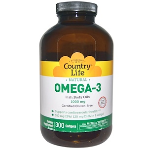 Country Life, Омега-3, 1000 мг, 300 мягких капсул