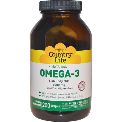 Country Life Омега-3, 1000 мг, 200 желатиновых капсул