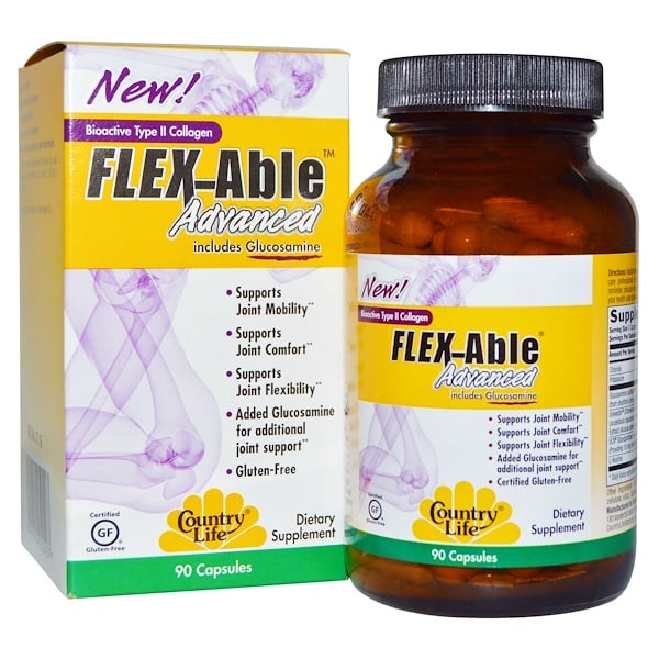 Country Life, Flex-Able Advanced для суставов с глюкозамином и биоактивным коллагеном II типа, 90 капсул 