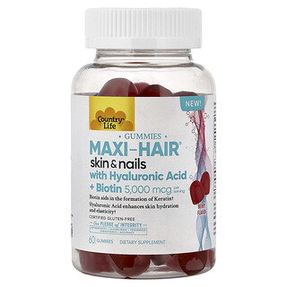 Country Life, Maxi-Hair® Skin & Nails Gummies with Hyaluronic Acid + Biotin, Fruchtgummis für Haut und Nägel, Beere, 60 Fruchtgummis