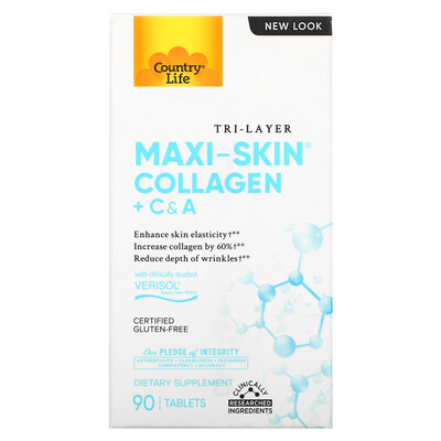 

Country Life Tri Layer Maxi-Skin Collagen, коллаген с витаминами C и A, 90 таблеток