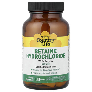 Country Life, Clorhidrato de betaína con pepsina, 100 comprimidos