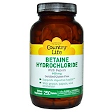 Country Life, Бетаина гидрохлорид, с пепсином, 600 мг, 250 таблеток отзывы