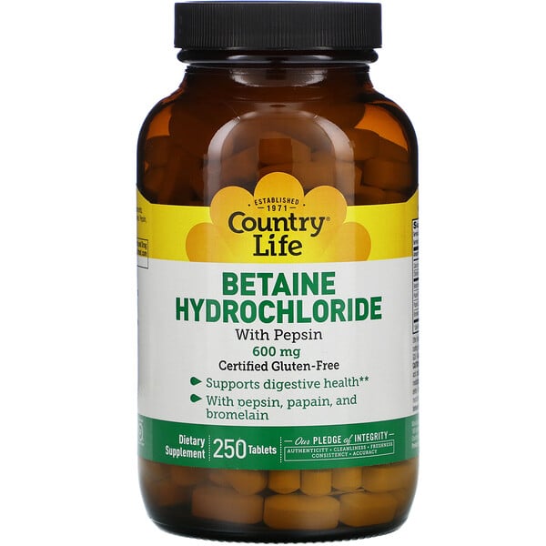 Country Life, Betain-Hydrochlorid mit Pepsin, 600 mg, 250 Tabletten