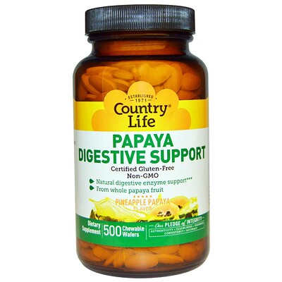 Country Life Papaya Digestive Support, Pineapple Papaya, 500 Chewable Wafers