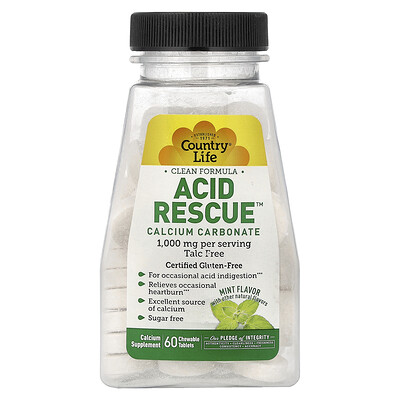 Product Image for Country Life, Acid Rescue , Calcium Carbonate, Mint, 60 Chewable Tablets