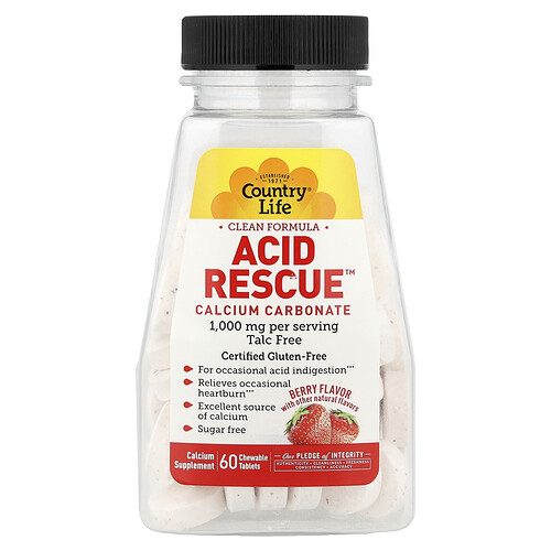 Country Life, Acid Rescue, Calcium Carbonate, Berry, 1,000 mg, 60 Chewable Tablets (500 mg per Tablet)