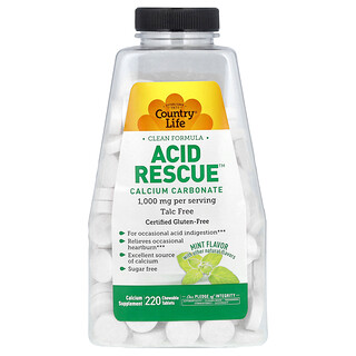Country Life, Acid Rescue, Carbonate de calcium, Menthe, 220 comprimés à croquer