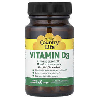 Country Life, Βιταμίνη D3, 62,5 mcg (2.500 IU), 60 μαλακές γέλη