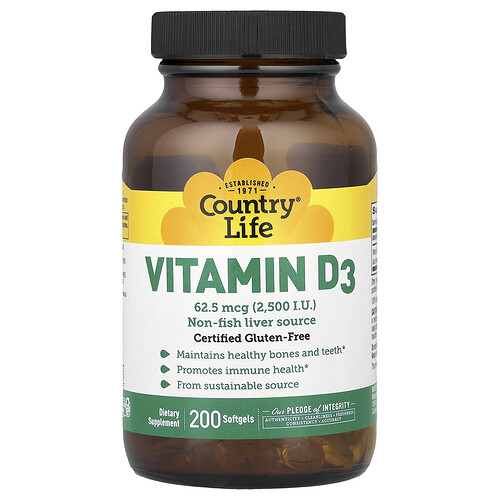 Country Life, Vitamin D3, 62,5 mcg (2.500 IE), 200 Weichkapseln