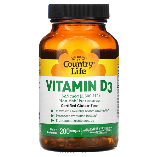 Country Life, Vitamine D3, 62,5 µg (2500 UI), 200 capsules à enveloppe molle
