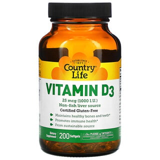 Country Life, Vitamin D3, 25 mcg (1,000 I.U.), 200 Softgels