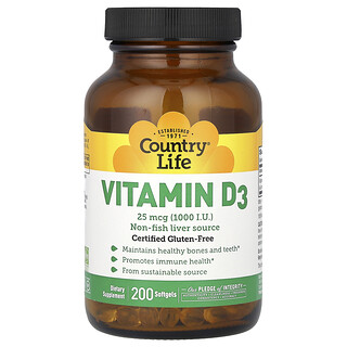 Country Life, Vitamin D3, 25 mcg (1,000 I.U.), 200 Softgels
