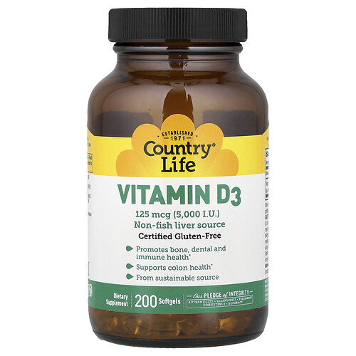 Country Life, Vitamin D3, 125 mcg (5.000 IU), 200 Weichkapseln