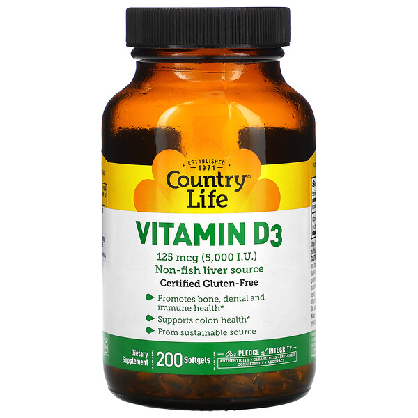 Country Life, Vitamin D3, 125 mcg (5,000 IU), 200 Softgels iHerb