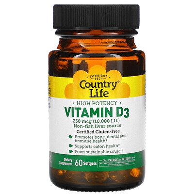 

Country Life, High Potency Vitamin D3, 250 mcg (10,000 IU), 60 Softgels